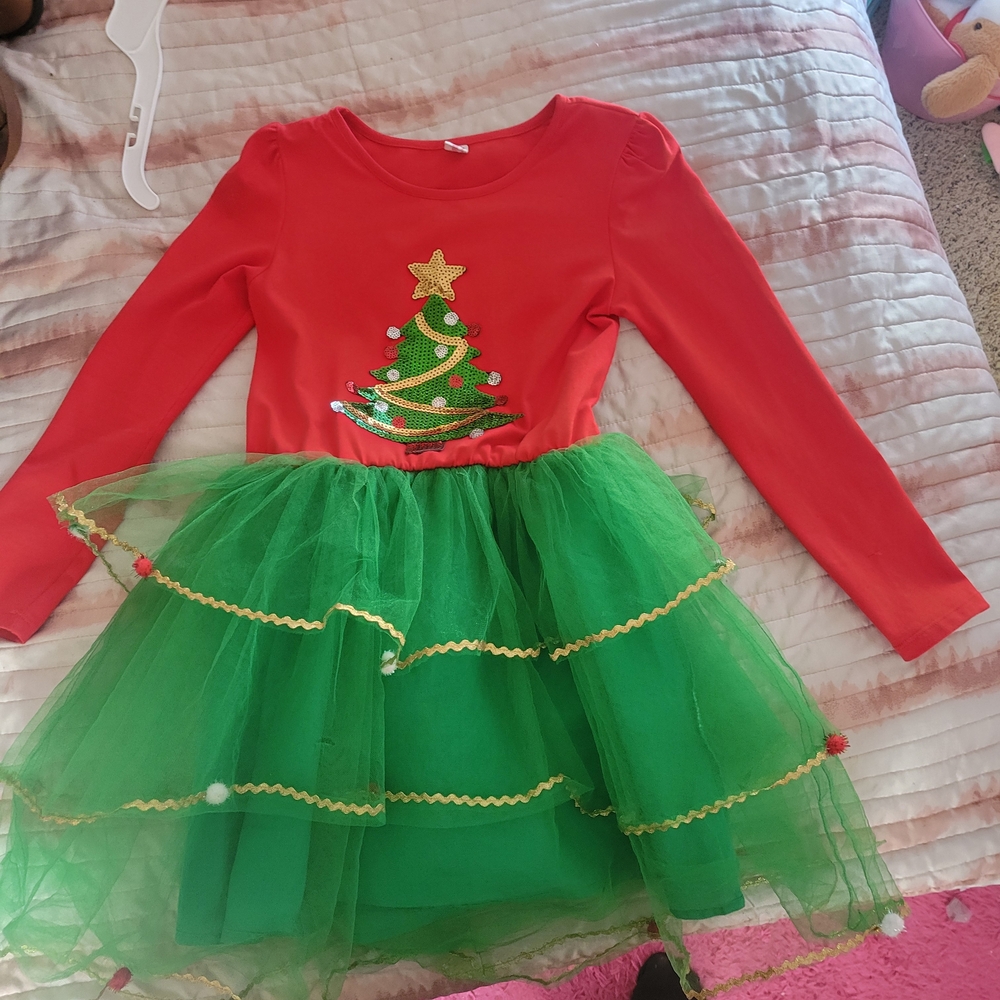 Girls Festive Sequinced Christmas Tree Dress - Red and Green Size 10Y